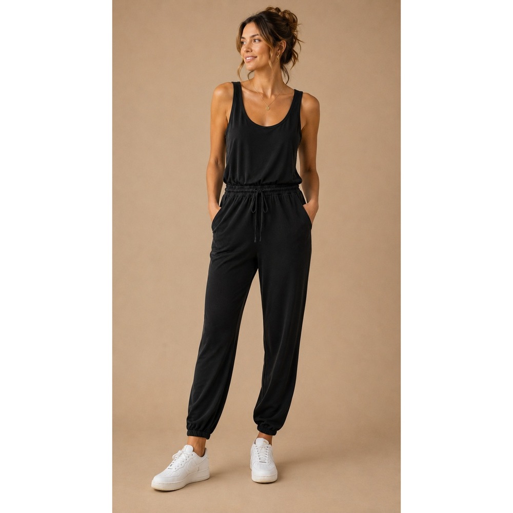Michael Stars Women Jumpsuit L Black Cotton Modal Drawstring Elastic Jogger